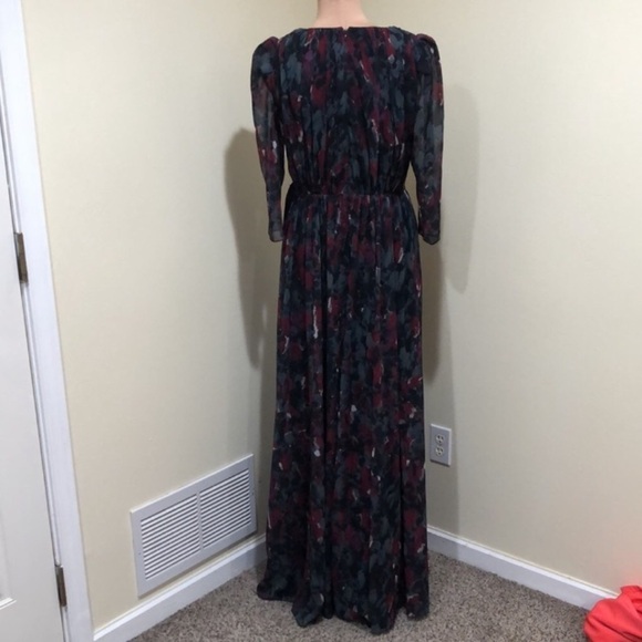 Badgley Mischka Pleated Floral Gown Size 12 Gray Black Burgundy - Picture 6 of 12